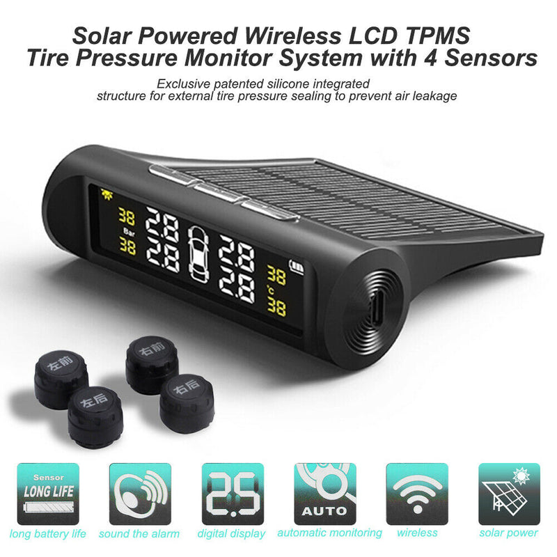 Free shipping- Solar Tyre Pressure Monitoring System TPMS Car LCD + 4 Wireless Sensors