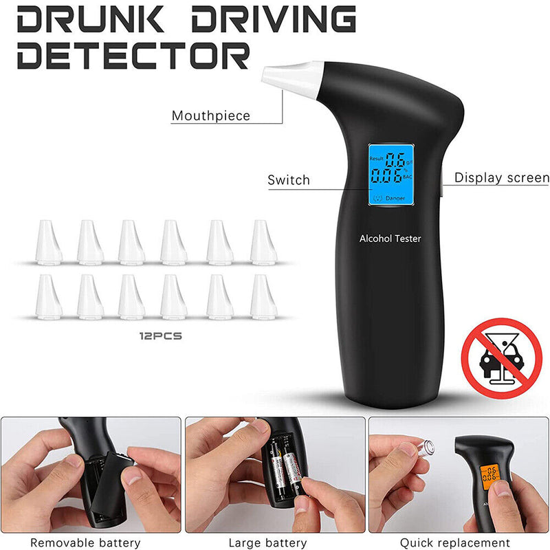 Alcohol Tester Analyzer LCD Display Portable + 12 Mouthpieces